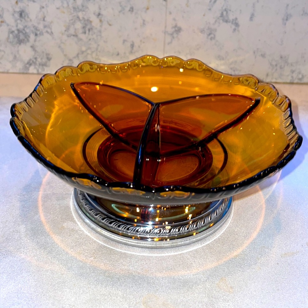 Farber Bros Krome Kraft 3 Part Divided Dish Vintage Amber Excellent Condition